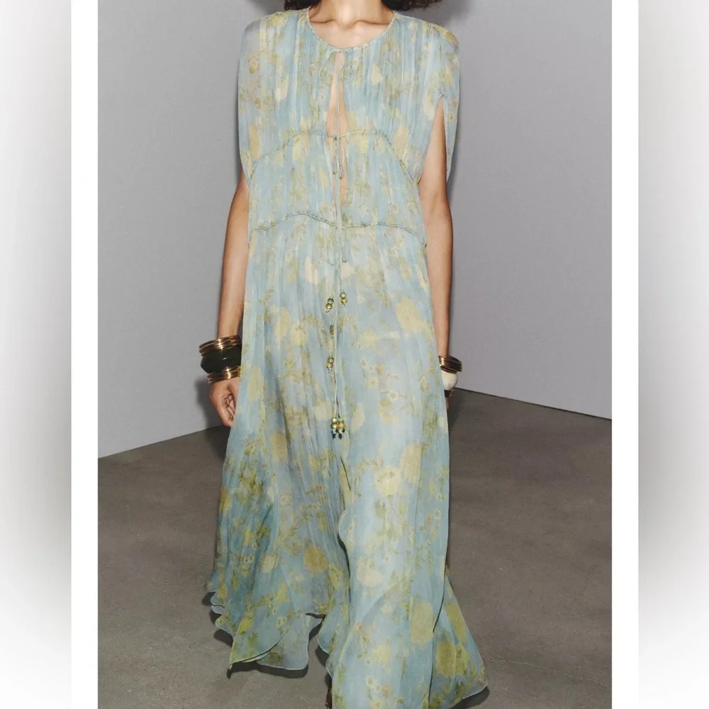 Bohemian Tie-Front Maxi Dress in Sage with Gold Floral - Picture 5 of 15